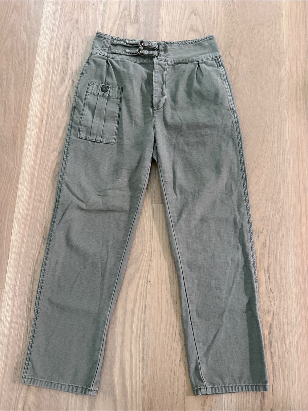 FRAME Denim Service Cargo Pants High Rise Buckle Waist Military Olive Green 26